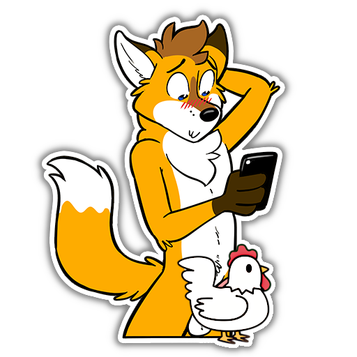 An antropomorphic red fox standing, slightly blushy, a comic rooster covering his private parts