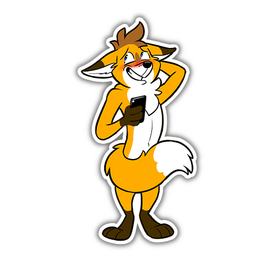 An antropomorphic red fox standing, slightly blushy, covering his private parts with his fluffy tail