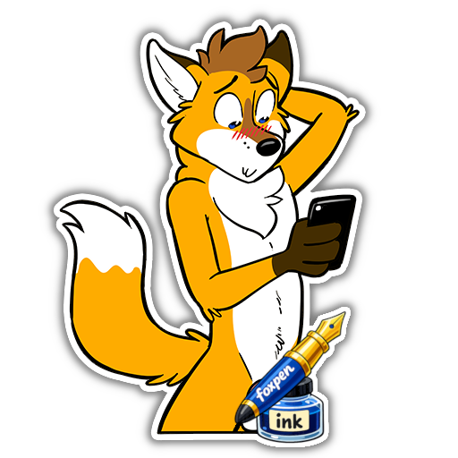 An antropomorphic red fox standing, slightly blushy, a pen and ink bottle covering his private parts