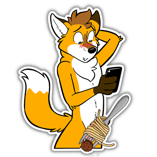 An antropomorphic red fox standing, slightly blushy, a fork with noodles and meat balls covering his private parts