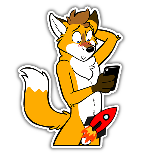 An antropomorphic red fox standing, slightly blushy, a red cartoon rocket covering his private parts
