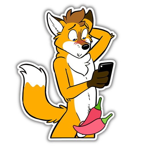 An antropomorphic red fox standing, slightly blushy, a pair of chilli peppers covering his private parts